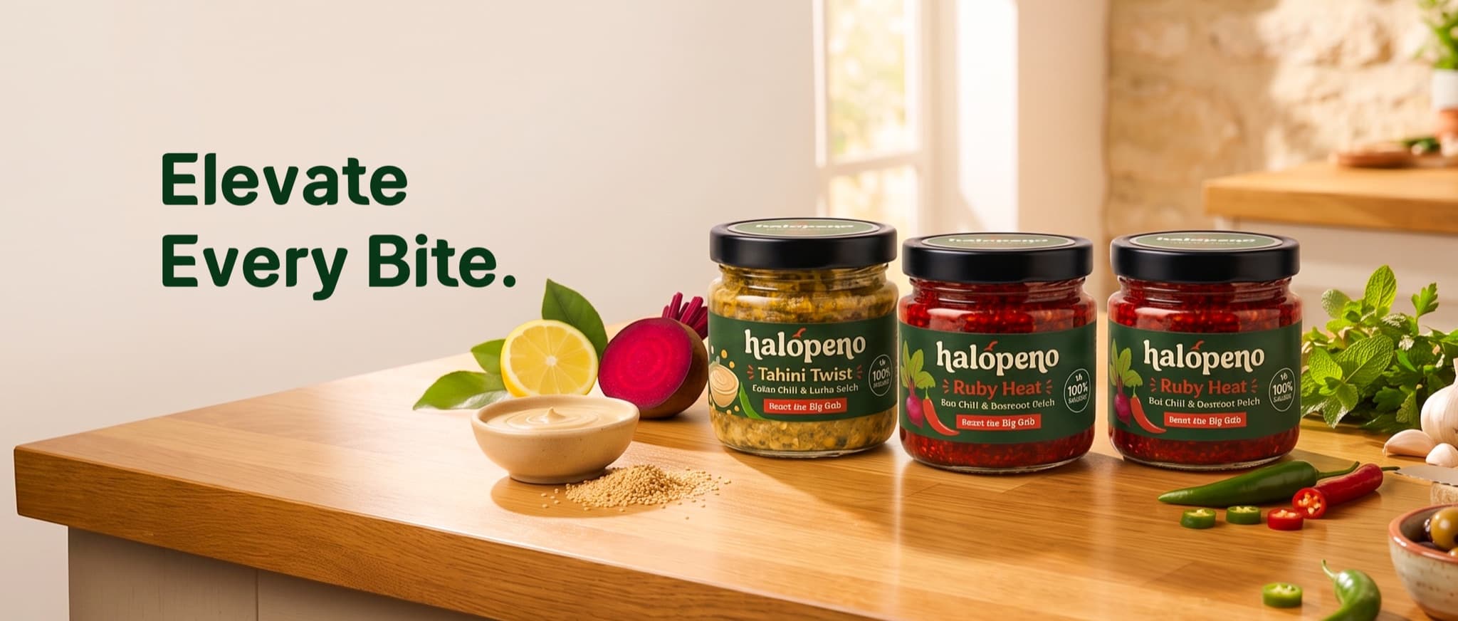 Halopeno jars arranged in a bright kitchen with the message Elevate Every Bite.