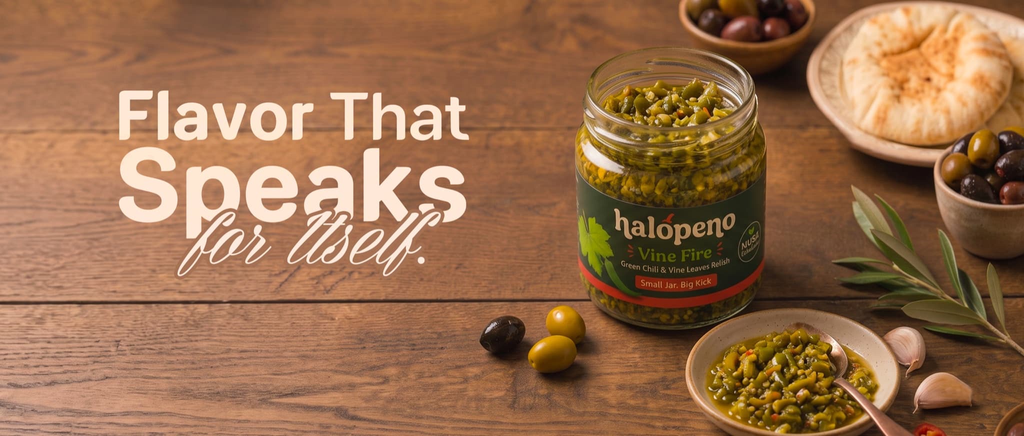 A Halopeno Vine Fire jar with the message Flavor That Speaks for Itself.