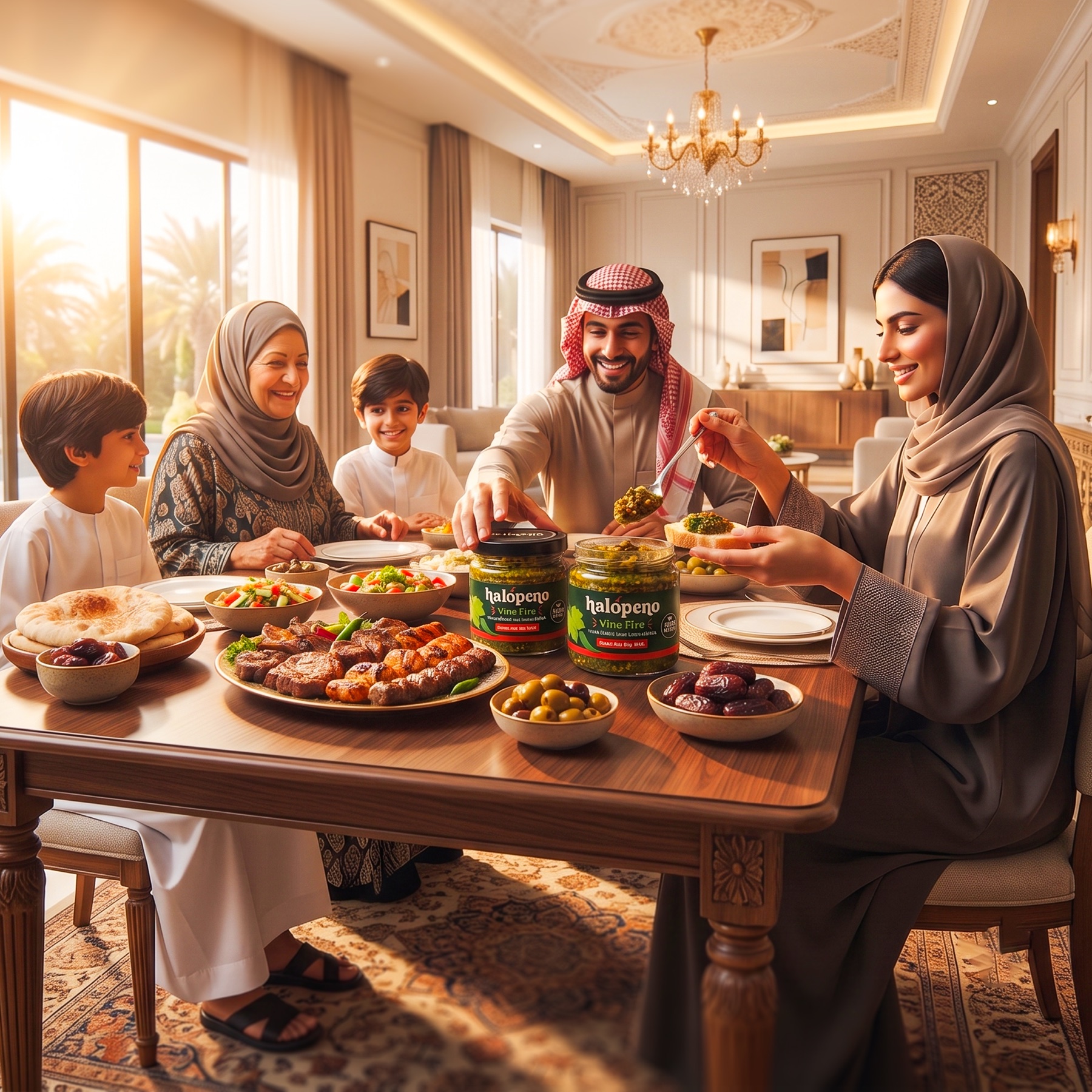 A family sharing a meal with Halopeno Vine Fire relish